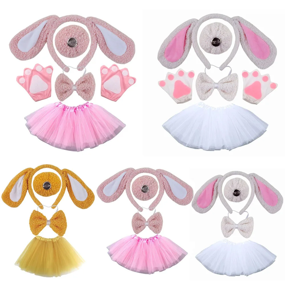 Girls Women Halloween Animal Rabbit Ear Headband Hair Accessories Claw Skirt Tail Bow Knot Bunny Fancy Cosplay Costume  Props