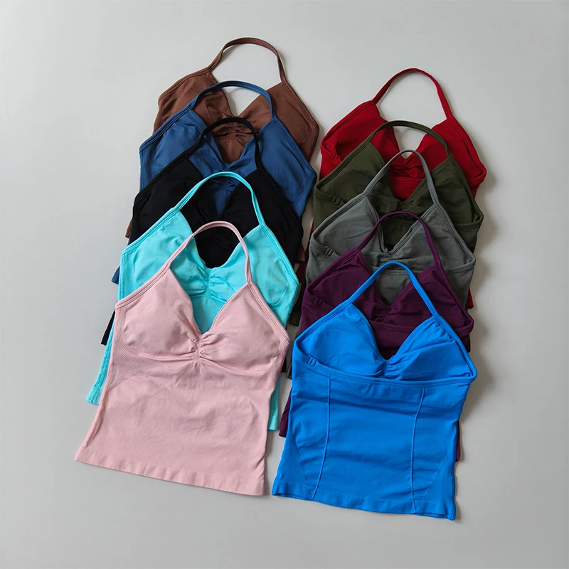 Lange, trägerlose, nahtlose Yoga-Tanktops mit gerafftem Rücken, ärmellose Fitness-Shirts mit integriertem BH, Sportbekleidung. – Detail 22