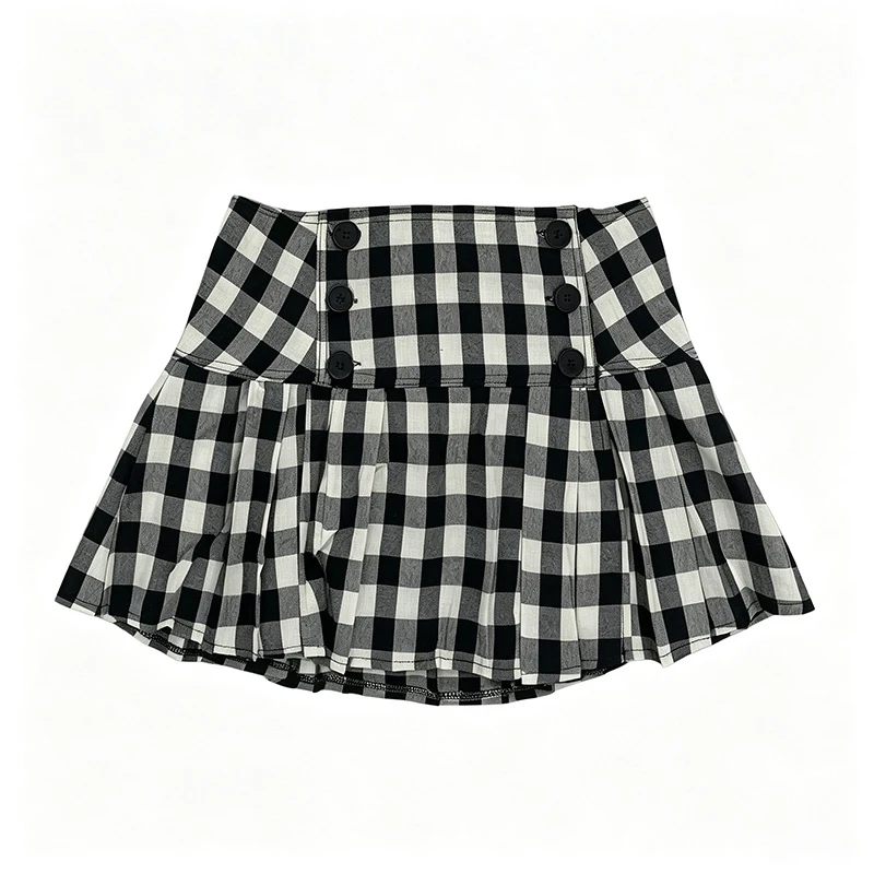 2026 Vintage Black White Grid Print Mini Skirt For Women, Low Waist Double Row Buttons Design Ruffled Hem A Line Skirt
