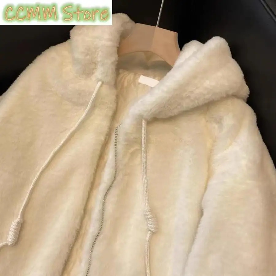 Nieuwe imitatie lamswol uitloper top witte jas warme harige overjas casual winter hooded faux konijnenbont pluche damesjas