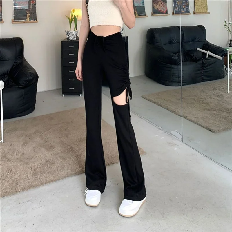 

Korean Simple New High Waist Flare Pants Women Solid Waist Tie Up Covering Belly Hole Drawstring Tight Sexy Trendy Trousers2023