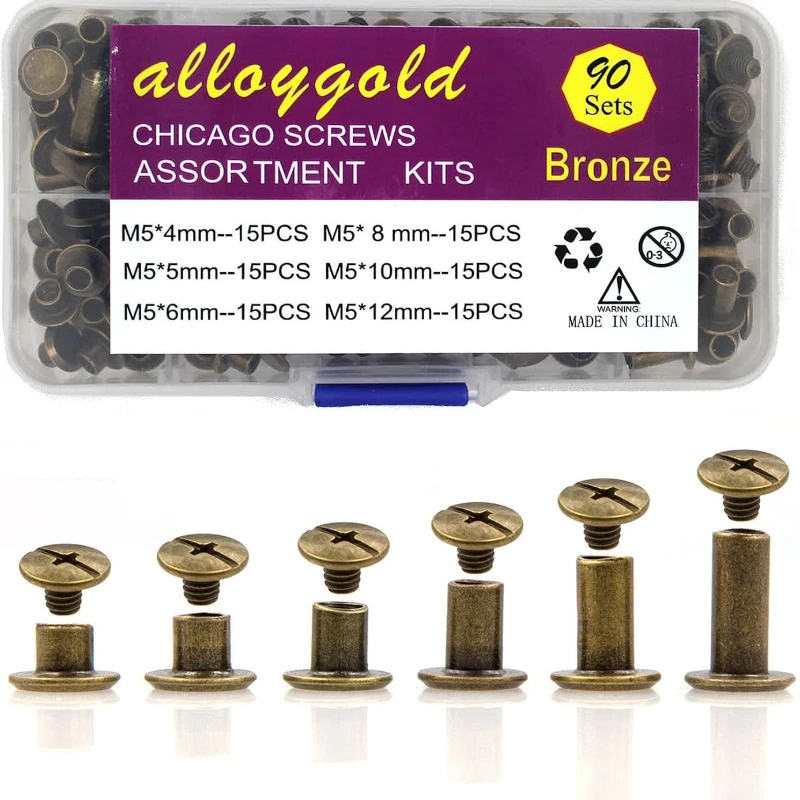 90 Sets Bronze Chicago Screws Leather Kit, 6 Sizes (M5 X 4-12) | Screw Rivets, DIY Leather Craft, Bookbinding, Mixed Kit