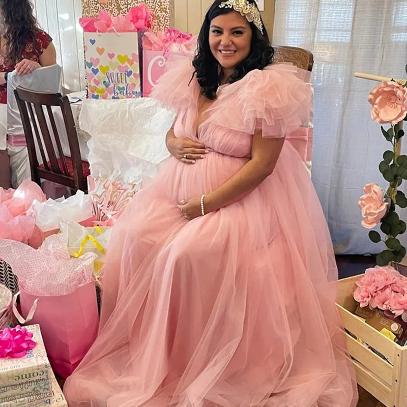 Vestido de maternidad de encaje para mujer, cuello en V, gasa, hombro flotante, maxivestido de fotografía, Baby Shower, sesión de fotos