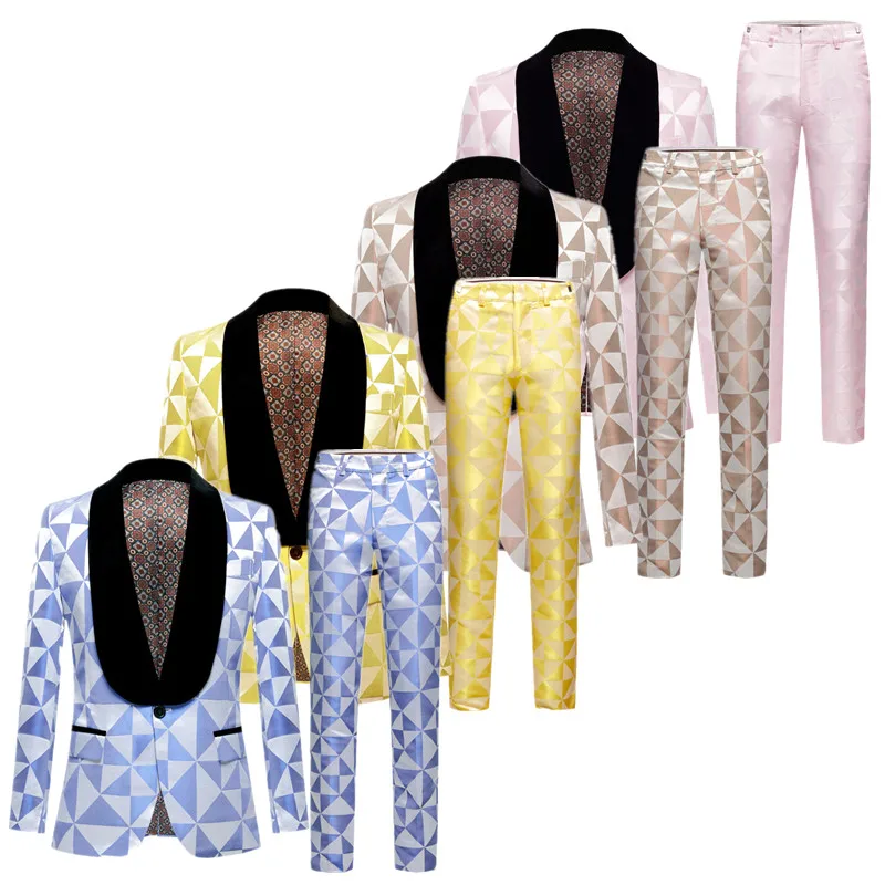 

Fall 2022 New Men's Printed Suit 2 Piece Blue / Pink Fashion Men Bar KTV Stage Performance Dress Male Jacket and Pants