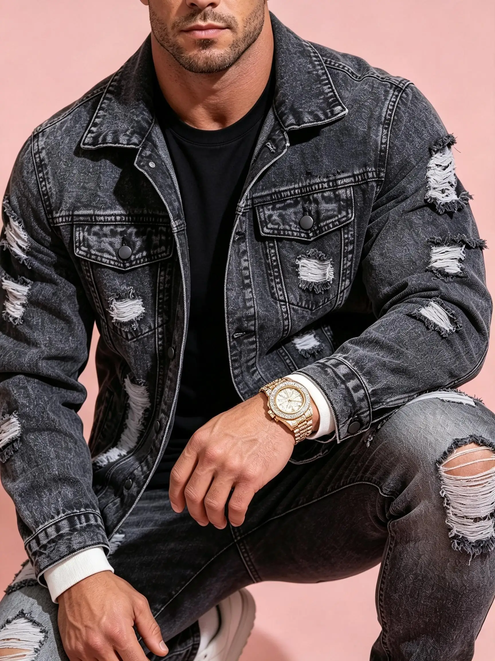 Men Y2K Heavy Washed Denim Coat, Hip Hop American Street Style Jacket, Nice Gift For Boyfriend
