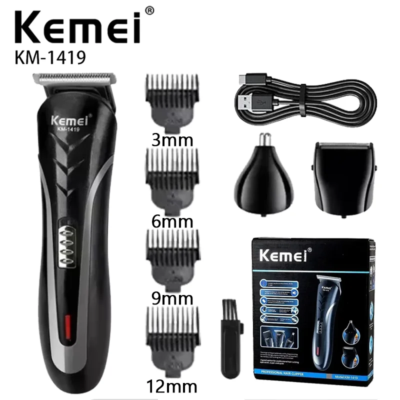 Kemei KM-1419 Rechargeable Electric Hair Clipper Men'S Household Shaver Hair Trimmer and Nose Trimmer 3 in 1 Hair Clippers Men