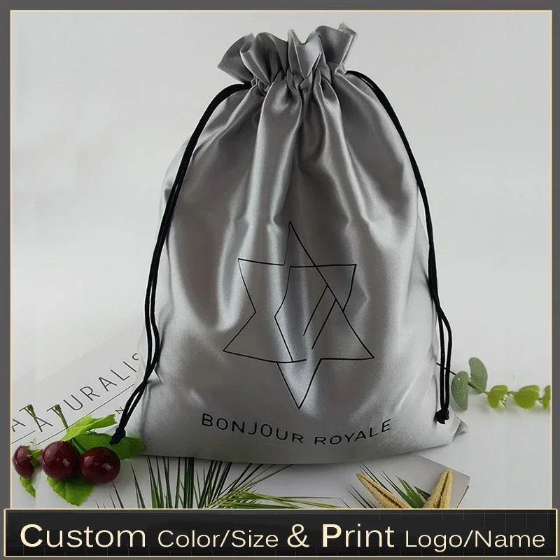 

Silk Gift Bag Custom Logo Satin Drawstring Pouch Packaging Shoes HandBag Travel Jewelry Hair Storage Pocket Sachet 50p