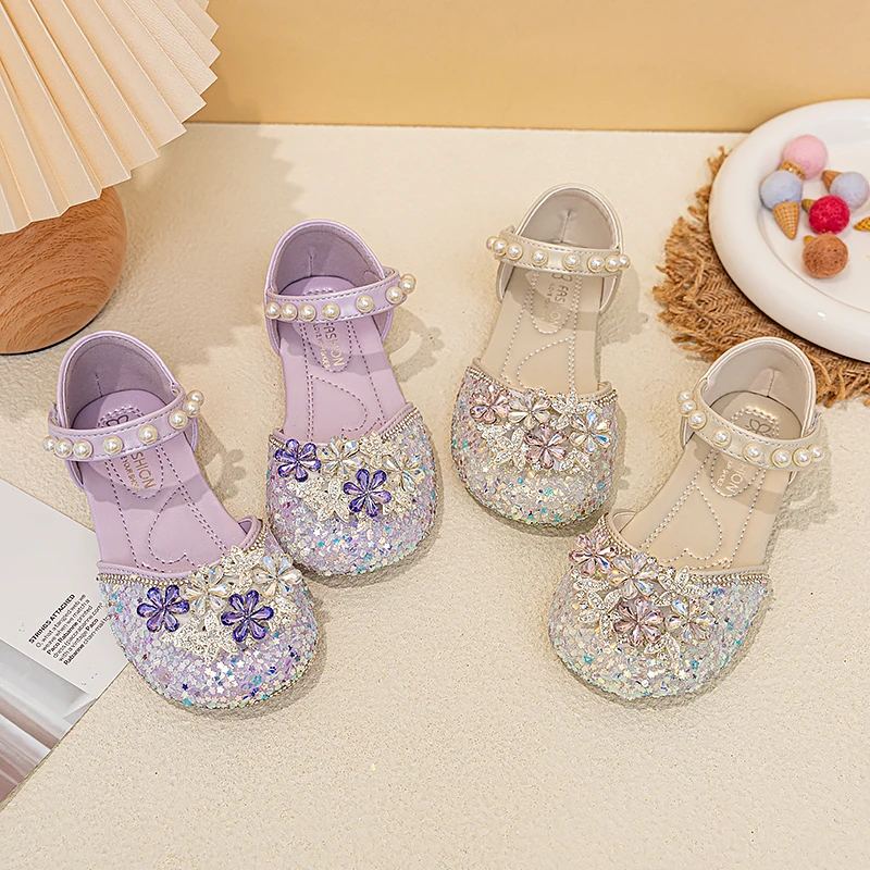 

Детские туфли-сандалии для девочек с кристаллами и блестящими пайетками, с цветами, на мягкой подошве, размеры 23-34