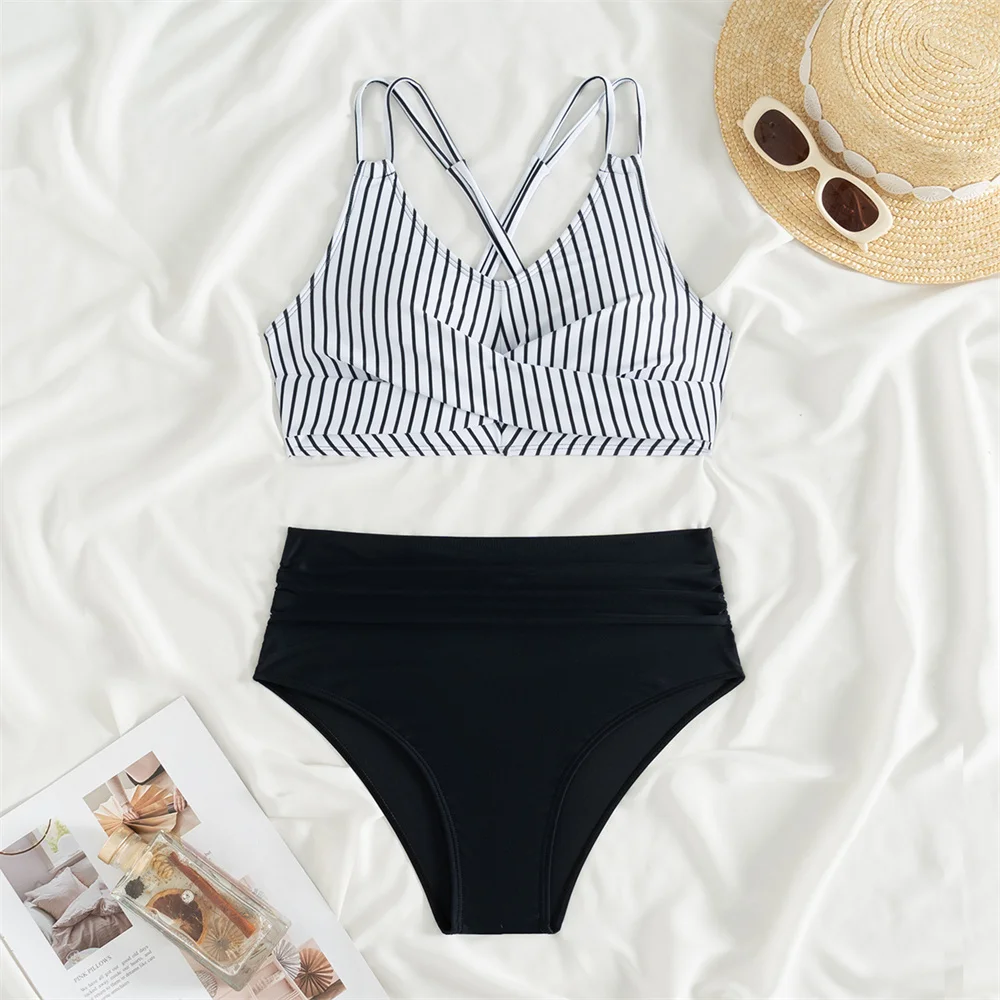 

Sexy Sling Striped Bikini Black Bottom Backless Bandage Bikinis High Waist Swimsuit Women Push Up Vacation Swimwear Beach Outfit