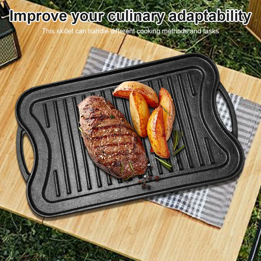 Cast Iron Grill Plate Flat & Ridged Skillet Pan Non-Stick Rectangular Frying Pan 42x25cm Griddle Plate for Outdoor Cooking