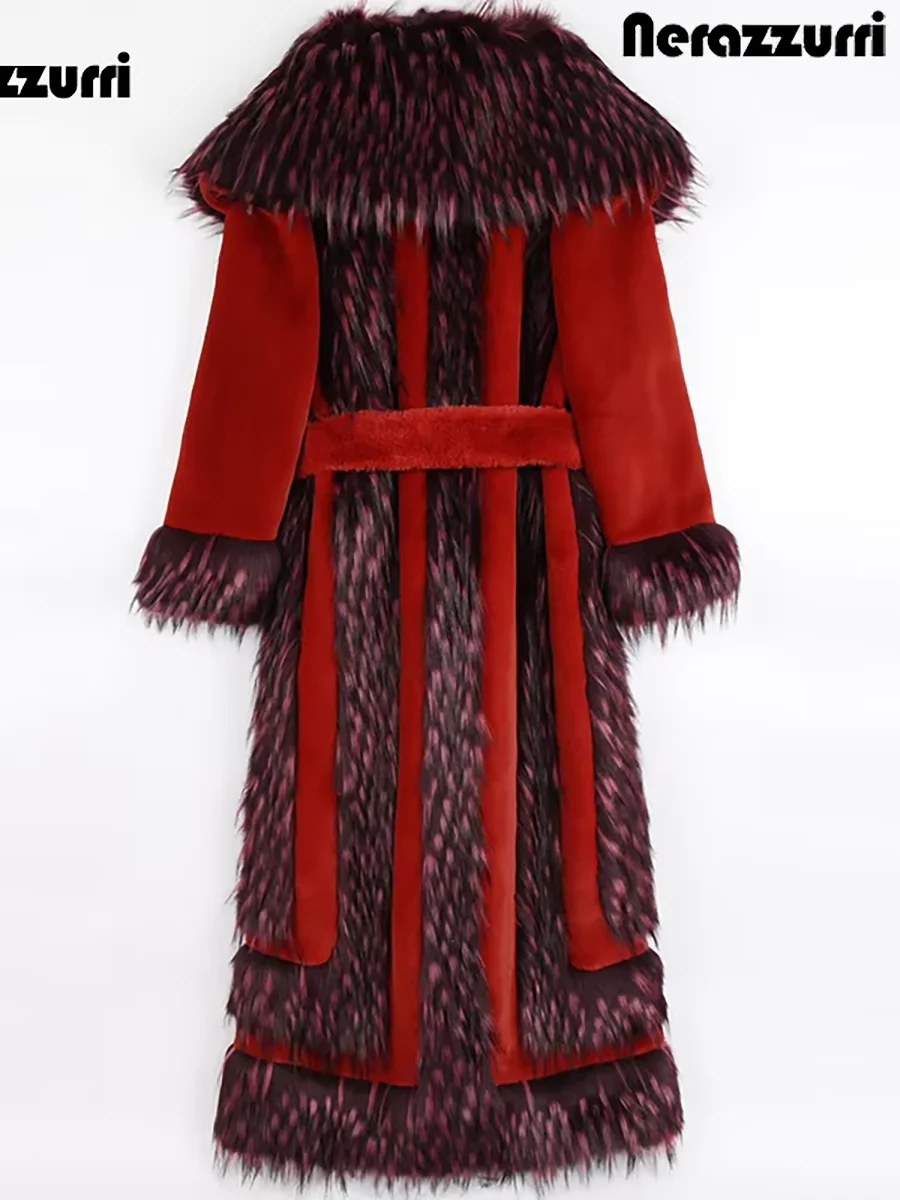 Nerazzurri Winter Long Thick Warm Patchwork Faux Fur Coat Women with Fake Fox Fur Trim Elegant Luxury Designer Retro Overcoat