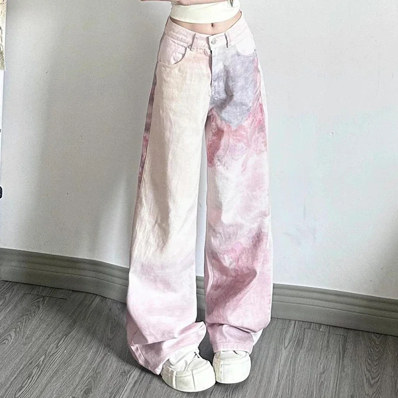 

Tie-dye printed straight jeans women's autumn and winter 2024 new loose design with high waist and slim wide-leg trousers.