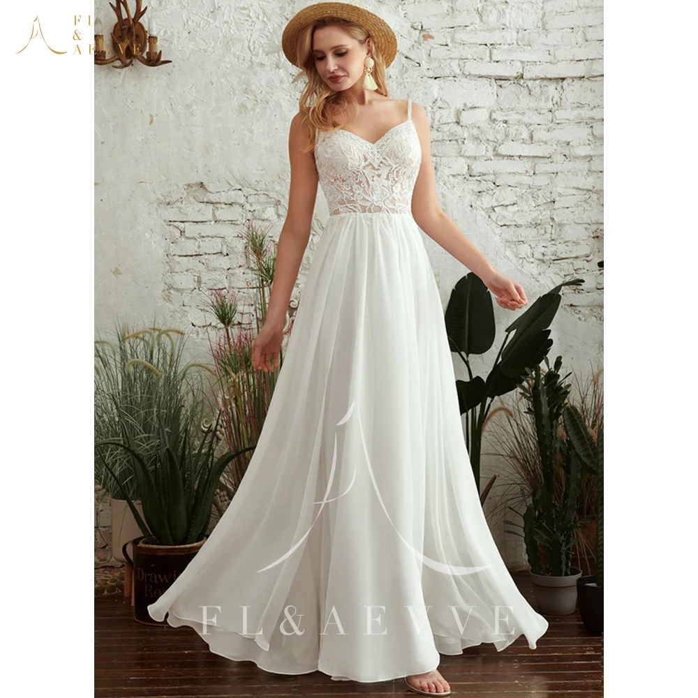 

Princess Lace Chiffon Spaghetti Straps Wedding Dress Bohème Party Dress A-line Brides Gown Robe Bohemian Brides Dress