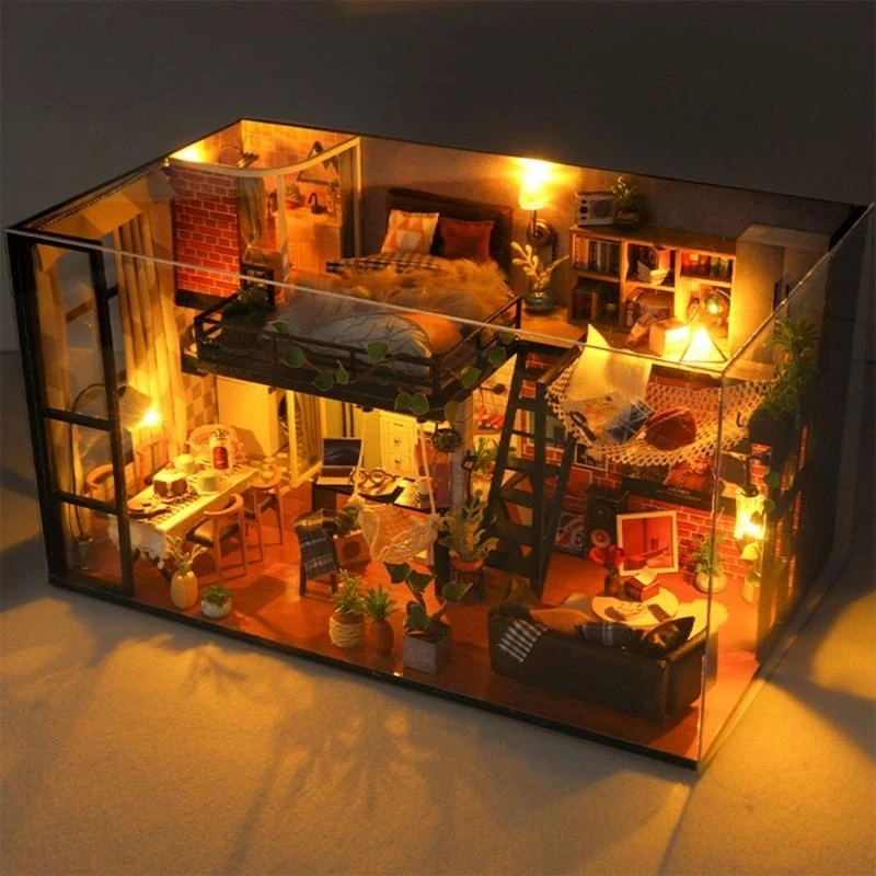 Kits miniatures bricolage, maisons poupée avec meubles, lumières Led, Mini maison avec couvercle anti-poussière, jouet à