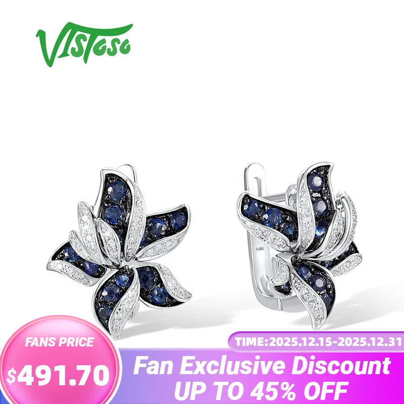 

VISTOSO Genuine 14K 585 White Gold Earrings For Women Sparkling Diamond Sapphire Elegant Blue Lily Flower Trendy Fine Jewelry