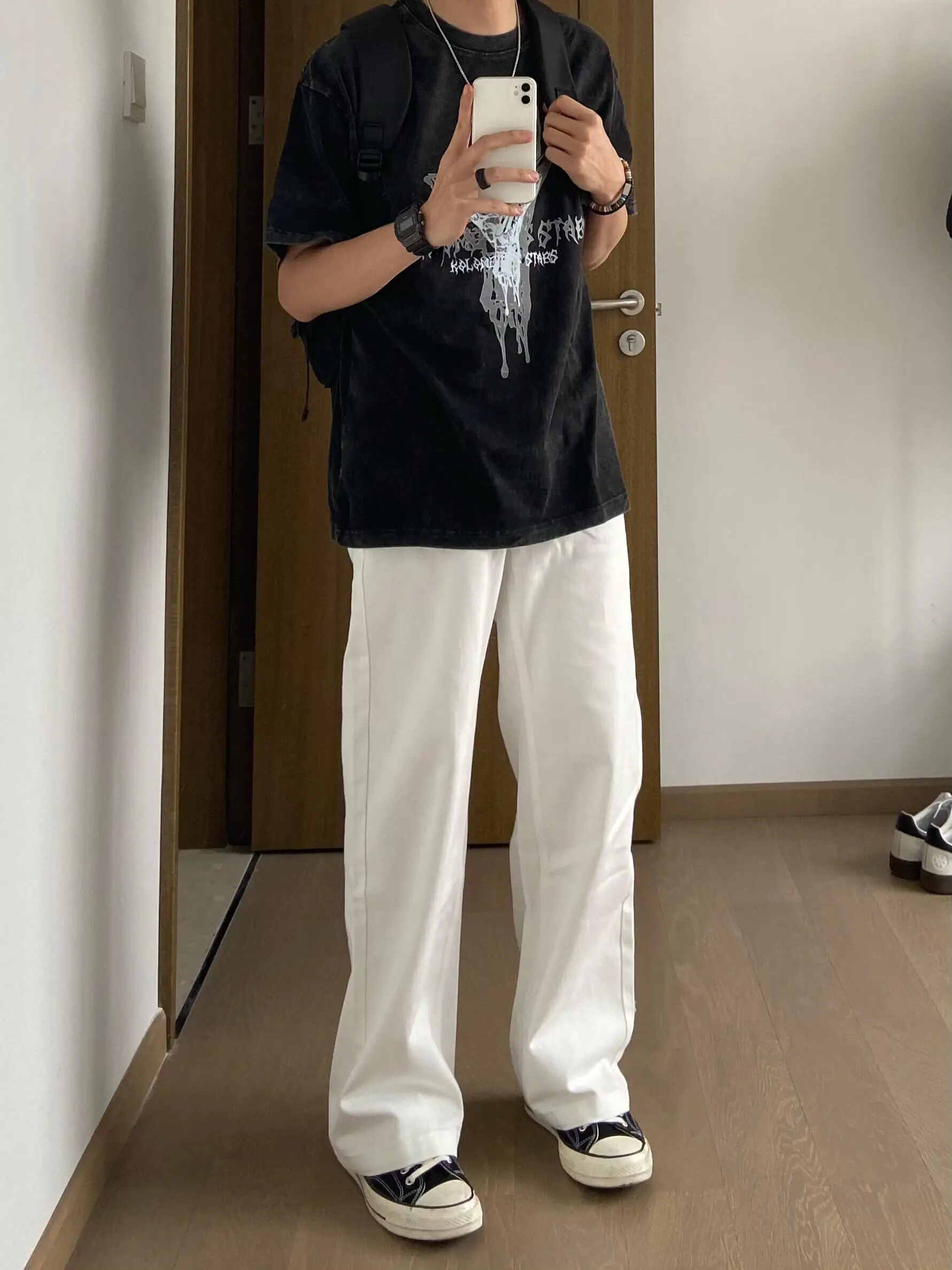 

American Sle INS High Street Basic White Straight Leg Jeans Men Loose Versatile Casual Cleanfit Long Pants Youth Trend