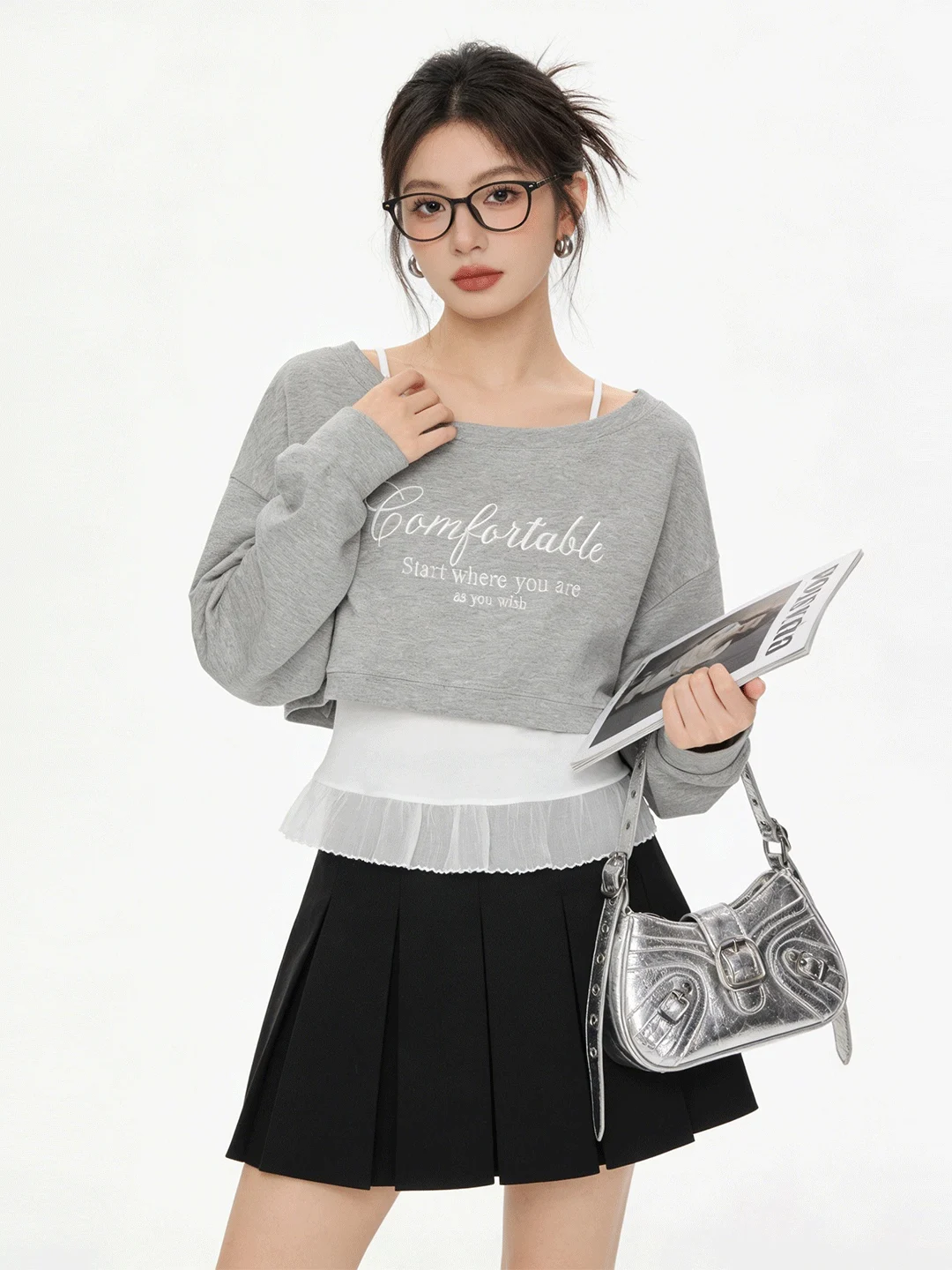 

Faionable Layering Set Youthful Letter Print Sweatirt Jaet Early Spring New Sle Lace Trim Tank Top Women Ensemble