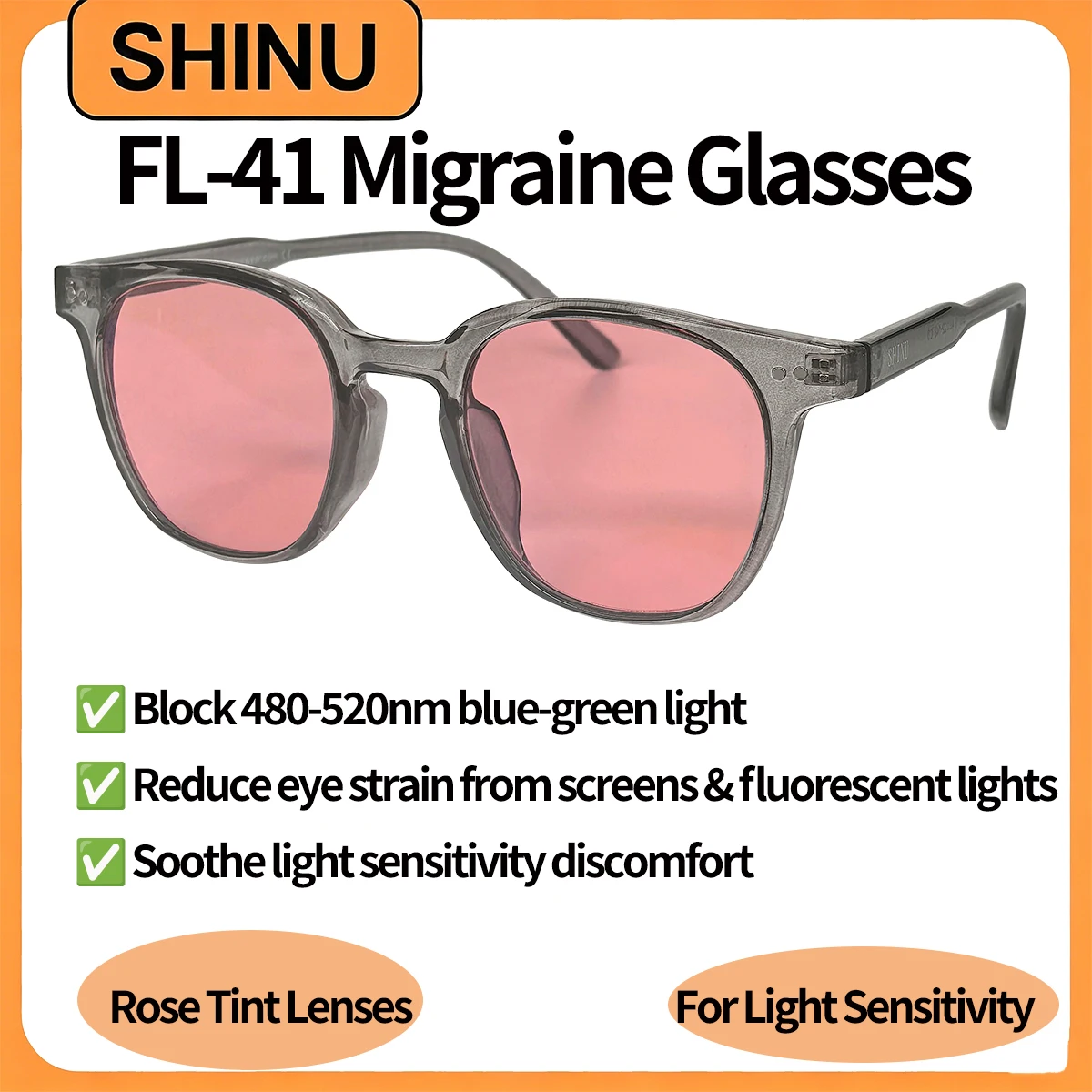 Lunettes SHINU FL-41, verres teintés FL41, verres rose FL41, filtre 480-520 nm, spéciales pour soulager les migraines, lunettes pour la sensibilité à la lumière