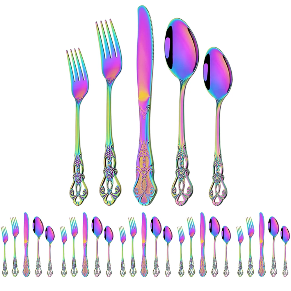 

High Quality 30Pcs Retro Colorful Cutlery Set Stainless Steel Flatware Knife Dessert Fork Spoon Dinnerware Set Kitchen Tableware