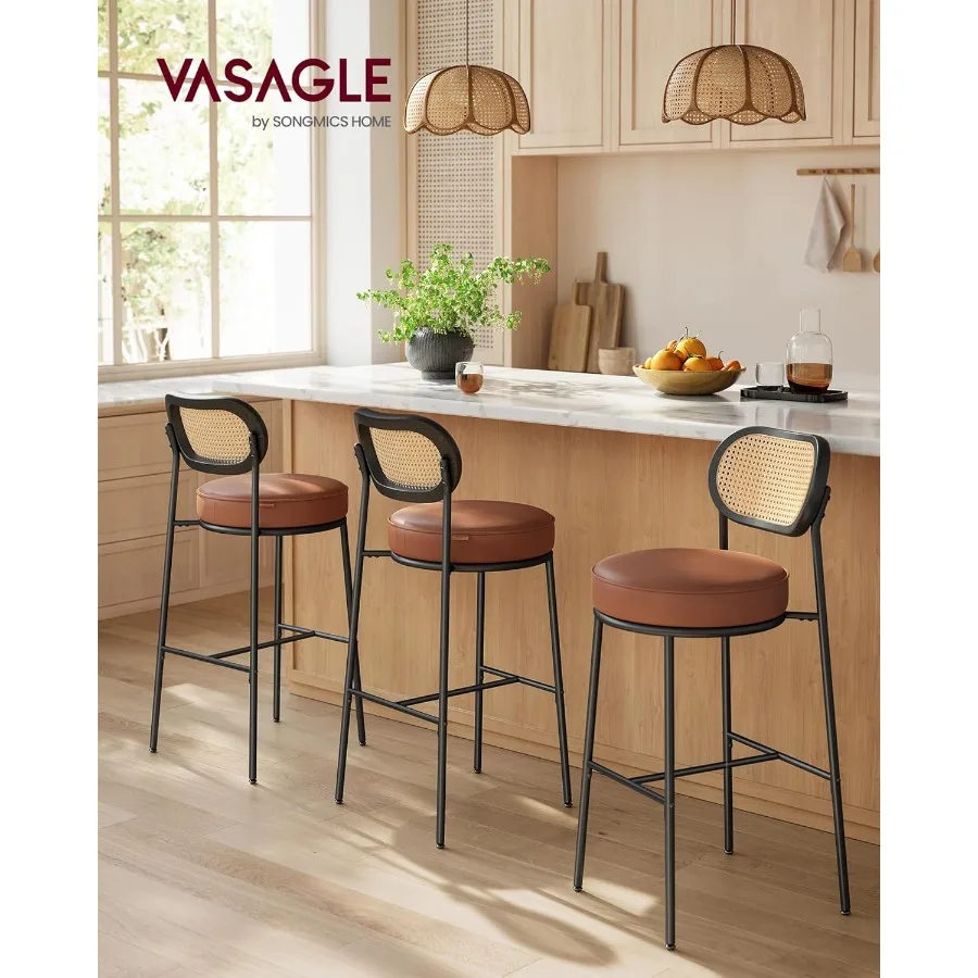 Bar Stools Set of 2 with Rattan Back and Metal Legs 30.1-Inch Tall Counter Chairs Modern Leather Upholstered Barstools for Kitc