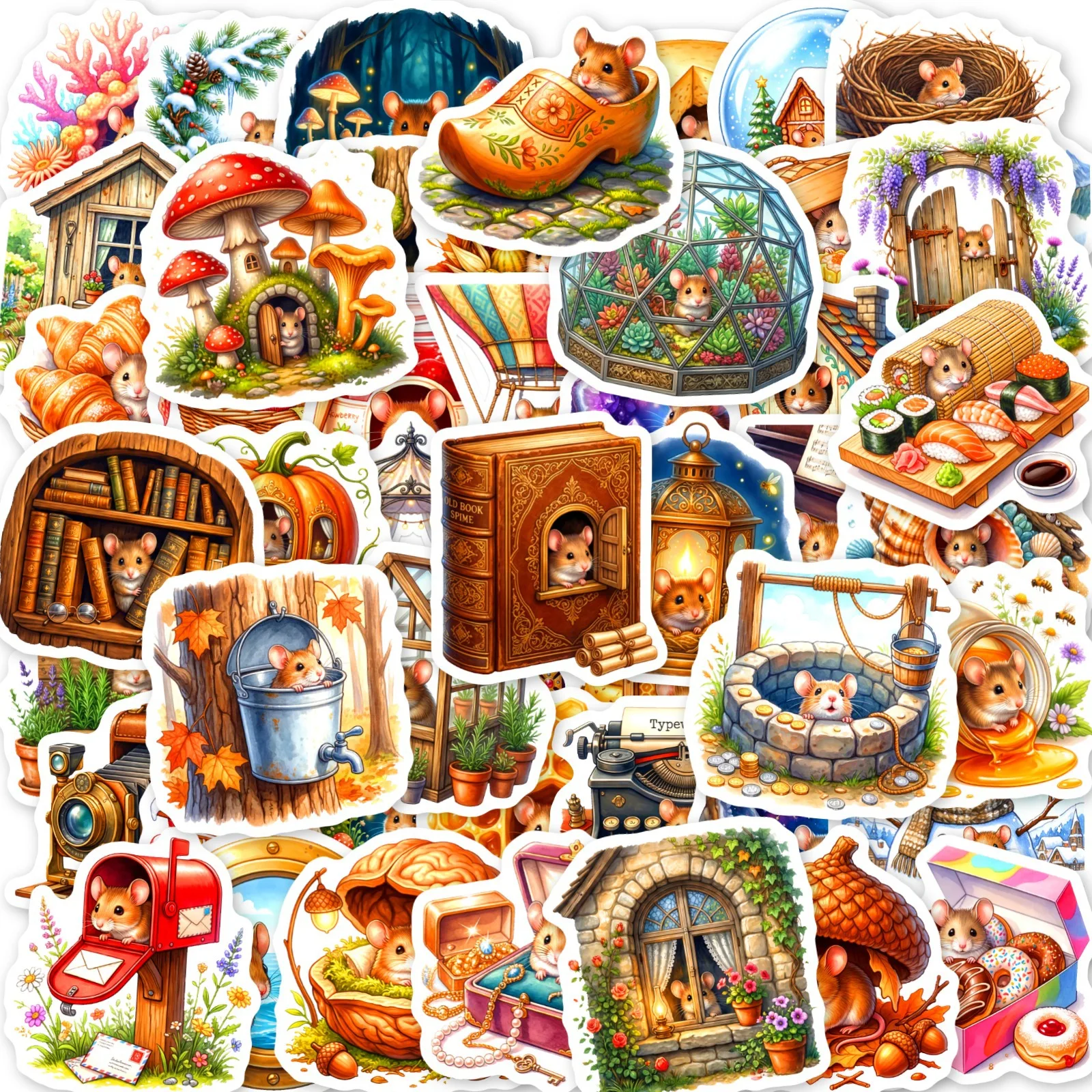 50pcs Retro Autumn Fairy Tale Mouse Cartoon Stickers Waterproof Decorative Decals for Guitar Luggage Stationery