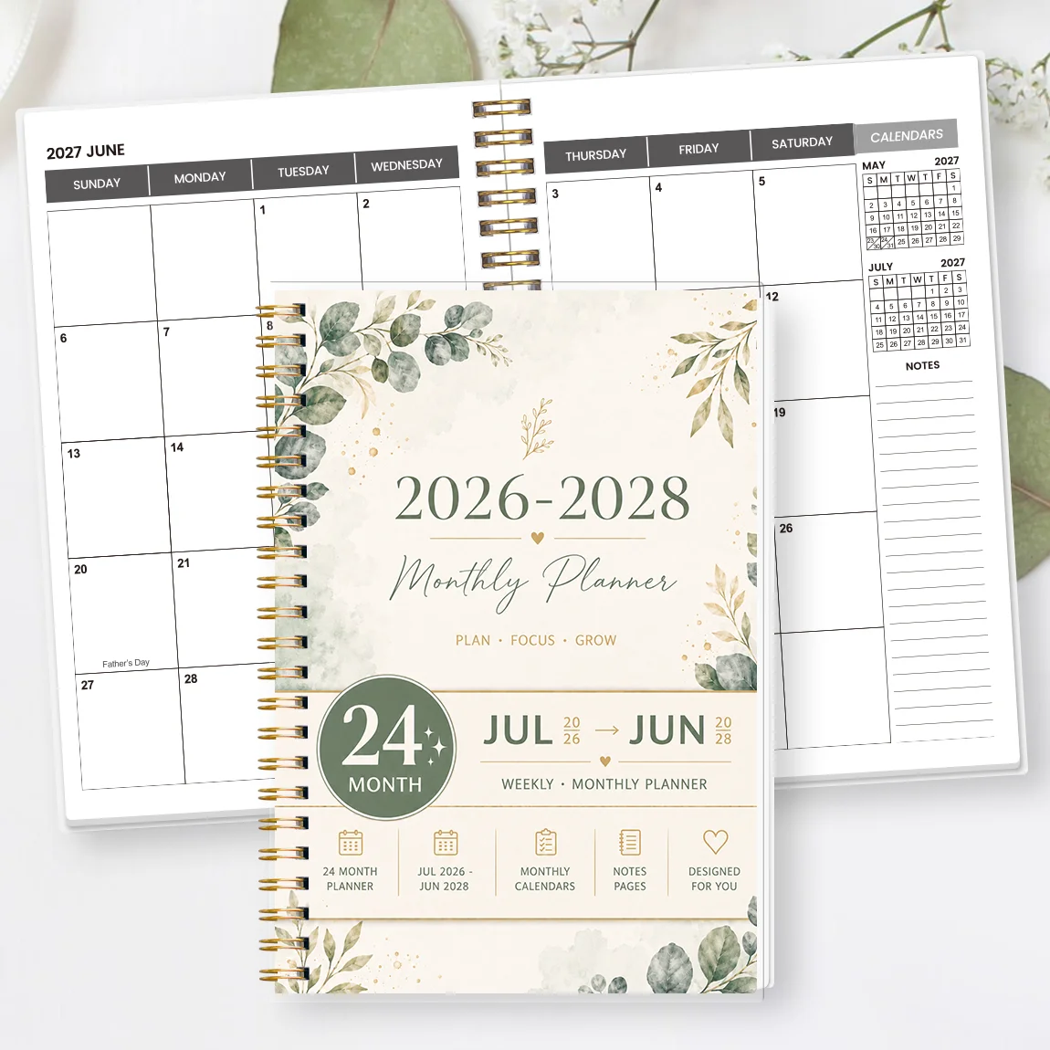 1PC Jul 2026-Jun 2028 Monthly Planner, Green Floral A5 8.15x5.71in, Gold Spiral, for Classes, Work & Goals
