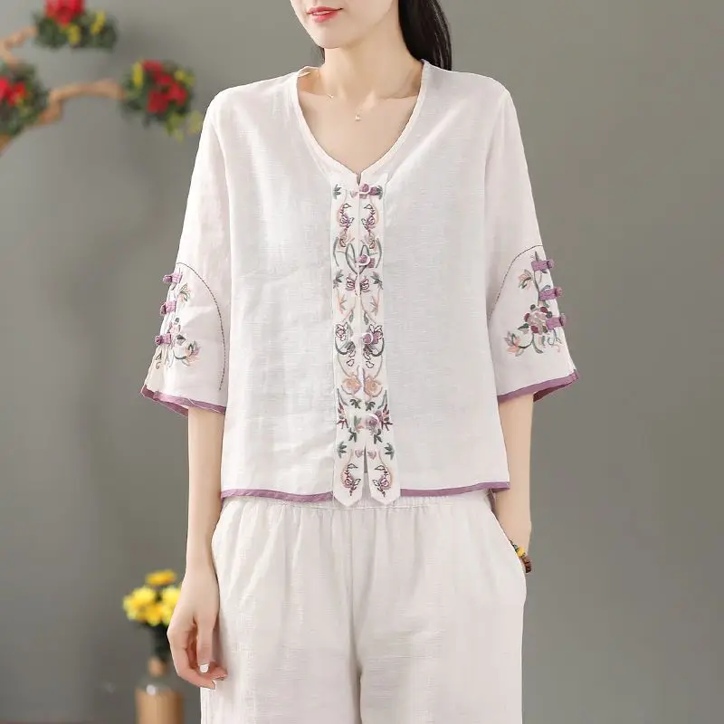 Retro Ethnic Style Patch Embroidery 3/4 Sleeve Blouse Women 2025 Summer Loose Thin V-Neck Cardigan Top