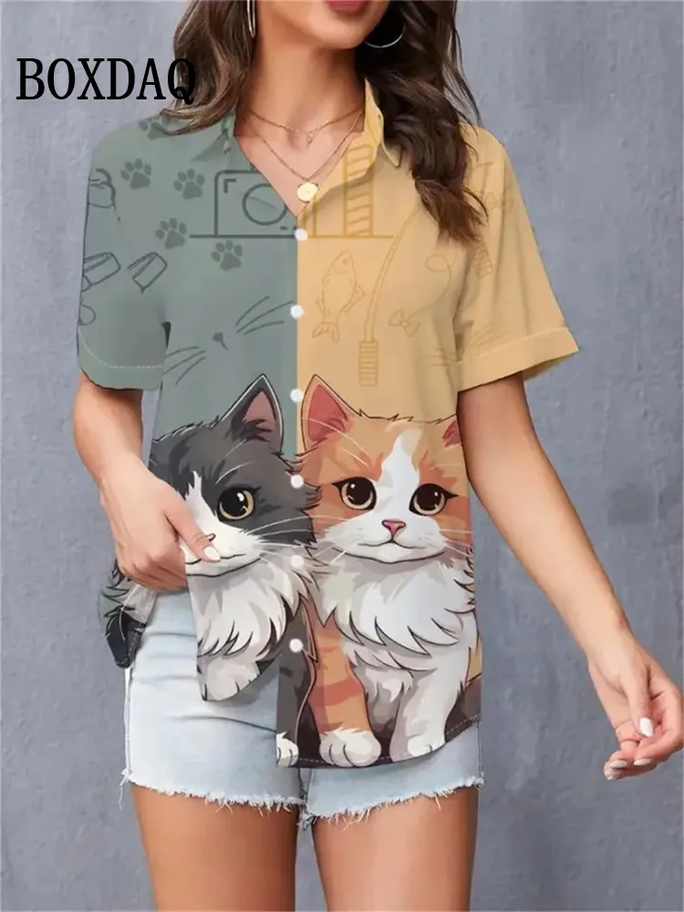 

Summer Blouses 2025 Women's Short-Sleeve Shirts Fashion Cartoon Cute Cat Painting Print Shirt For Women Casual Button Lapel Tops