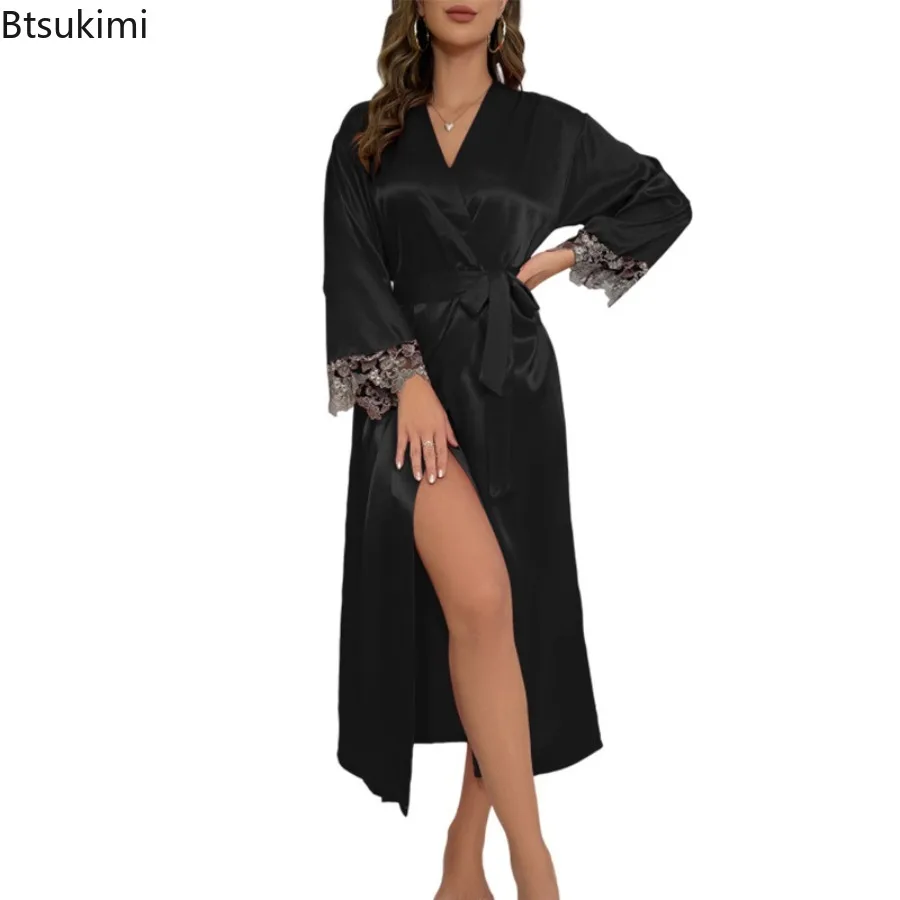 New 2025 Imitation Silk Lace Trim Women's Bathrobe and Sleeveless V Neck Nightgown Female Two Piece Sleepwear Lace-up Nightwear