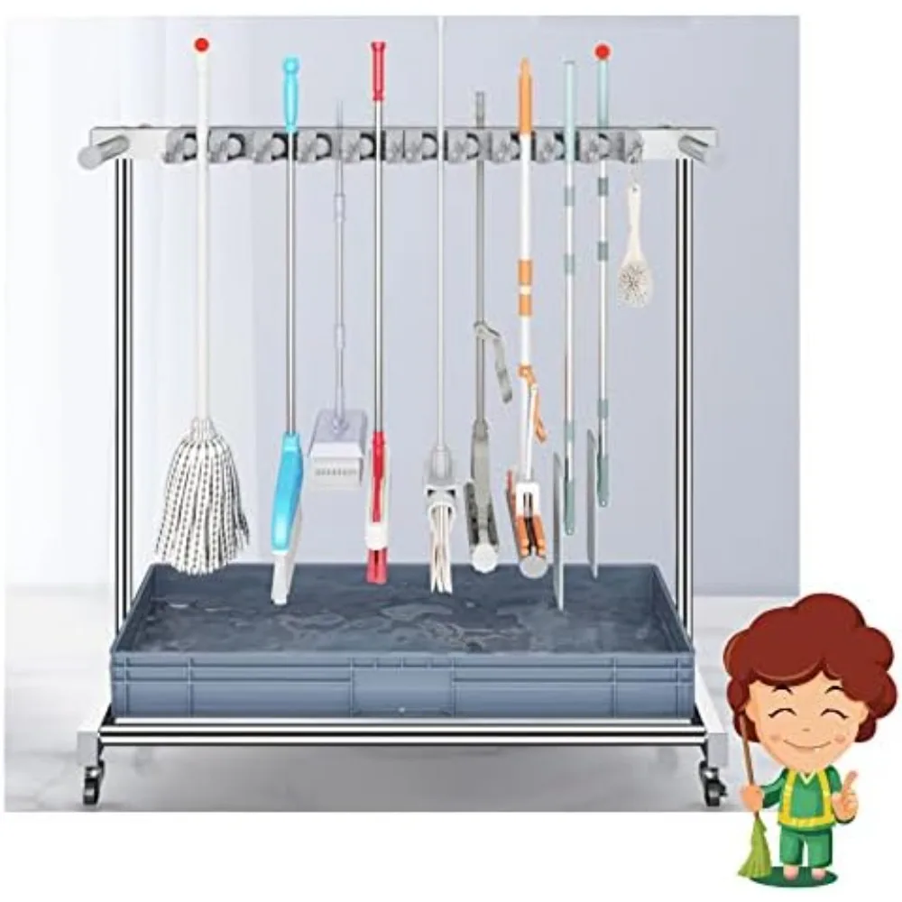 ممسحة أرضية وحامل مكنسة: منظم تخزين أدوات التنظيف المحمول للوازم
