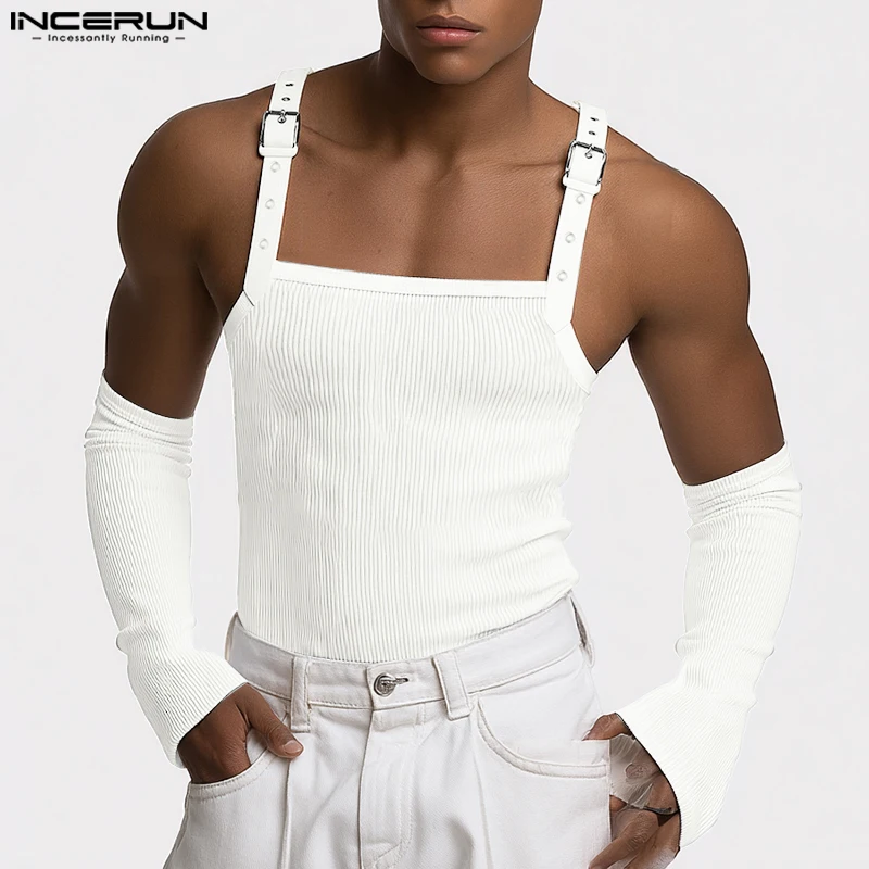 

INCERUN мужские майки в стиле пэчворк с квадратным воротником без рукавов и перчатками, летняя уличная одежда, сексуальные мужские жилеты 2025 года, модная мужская одежда