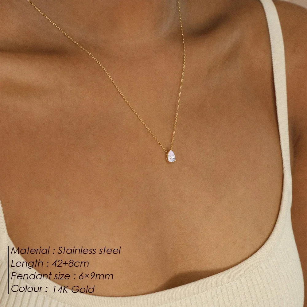women Hot Sale Shiny Crystal Necklace Stainless Steel Teardrop Zirconia Pendant Women\'s Birthstone Collarbone Chain Wholesale