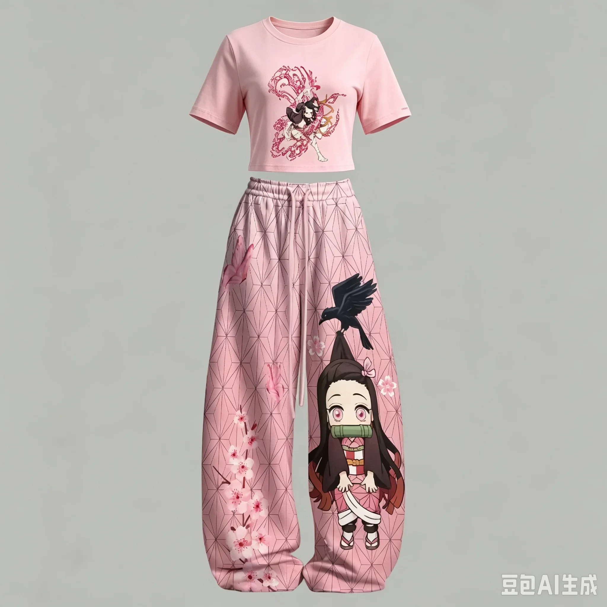 2026 Unisex Casual Matching Two‑Piece Set Regular Tee And Long Trousers Pink Sakura Geometric Pattern Loose Street Daily Outfit