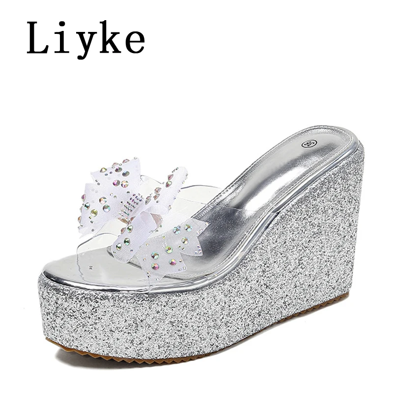 Liyke PVC Transparent For Women Golden Silver Sequined Platform Slippers Crystal Bowknot Ladies Sandals Wedge High Heels Slides