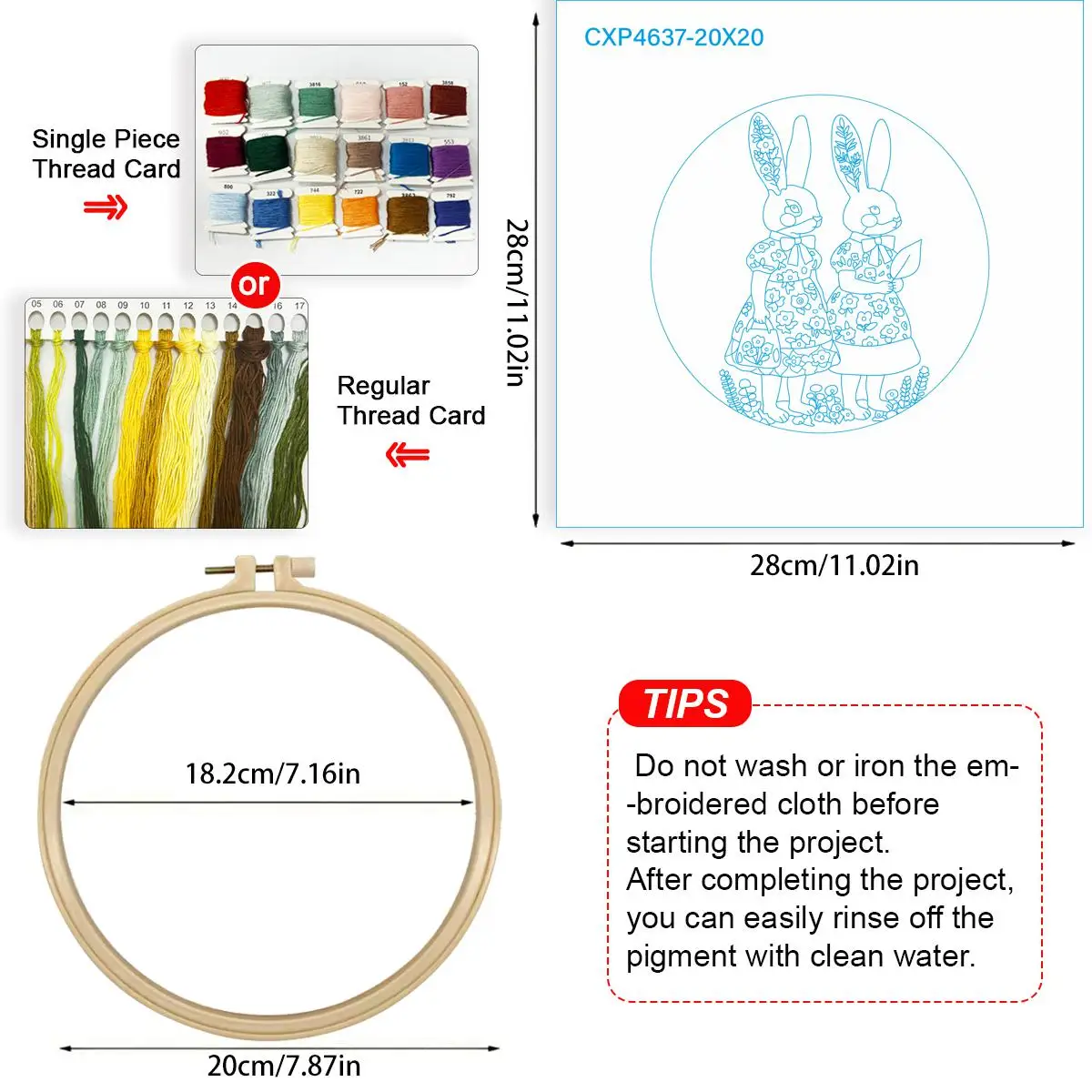 1 Stück 20X20CM/15X15CM 7,87/6,3 Zoll Kaninchen-Stickerei-Starter-Kit DIY-Kit DIY-Stickerei-Set Handarbeiten Nadelkunst – Detail 1