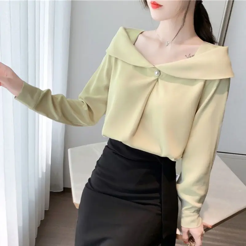 Spring Straight Neck Off Shoulder Fashion Basic Solid Color Chiffon Blouses Full Sleeve Top Elegant Office Shirts Lady Clothes