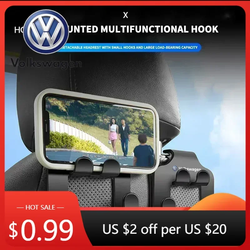 

For VW New Multifunction Car Logo Seat Headrest Hook For Volkswagen VW Jetta Polo T4 T5 T6 Sharan Touareg Gol T-Cross Touran Acc