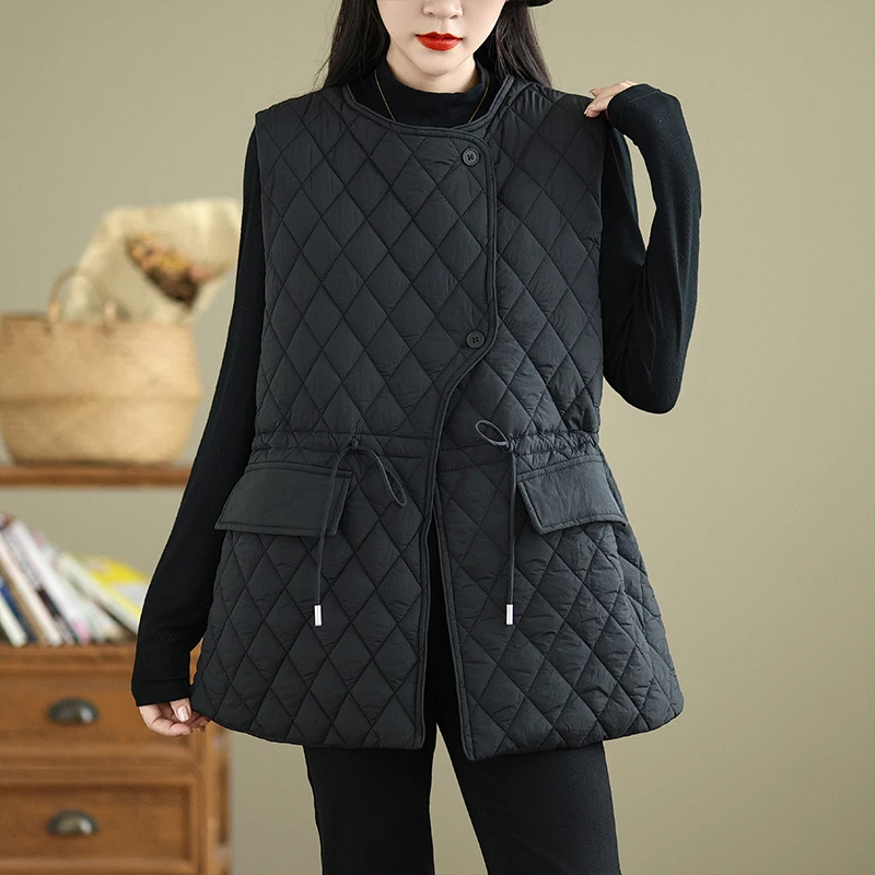 

Легкий теплый пуховый хлопковый жилет Ele с ромбовидным узором, женский зимний жилет миди с поясом на талии, модный многослойный жилет
