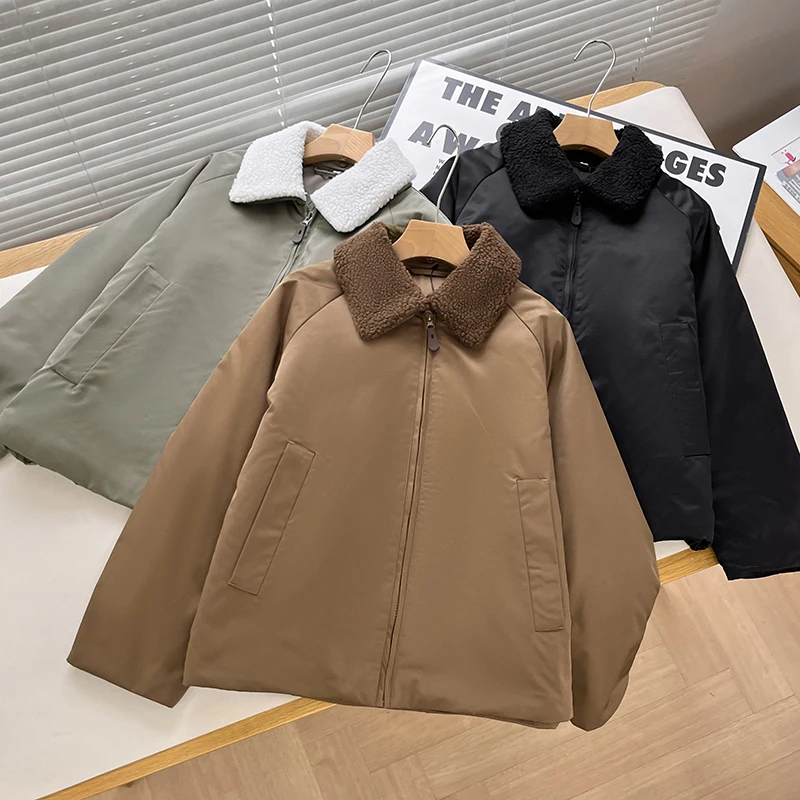 

Ретро-парка с воротником из овечьей шерсти, теплая модная куртка для мужчин и женщин, осенне-зимняя повседневная свободная куртка на молнии