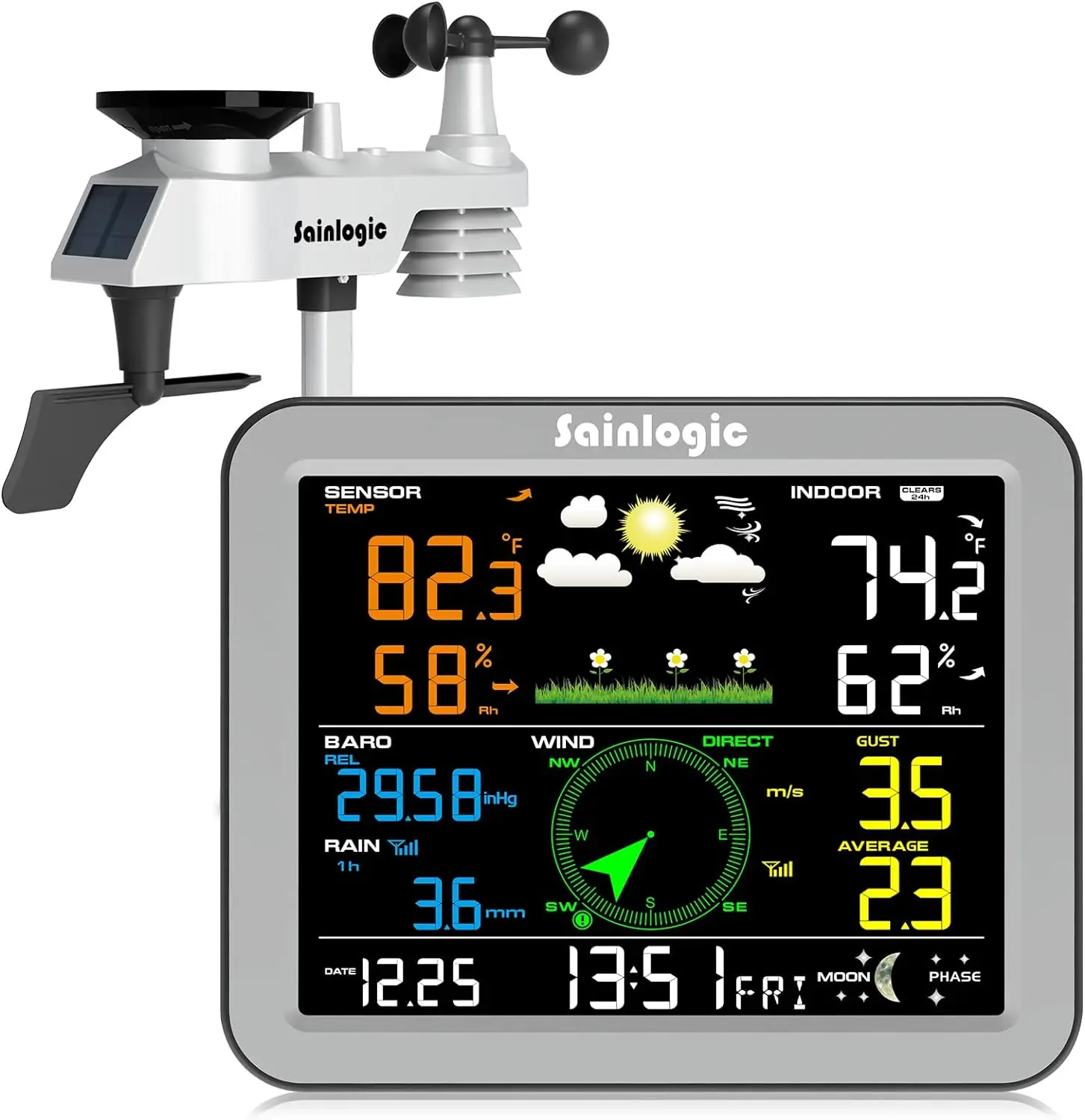 Weather Station Wireless Indoor Outdoor, Weather Station with Rain Gauge and Wind Speed/Direction, Temperature, Humidity