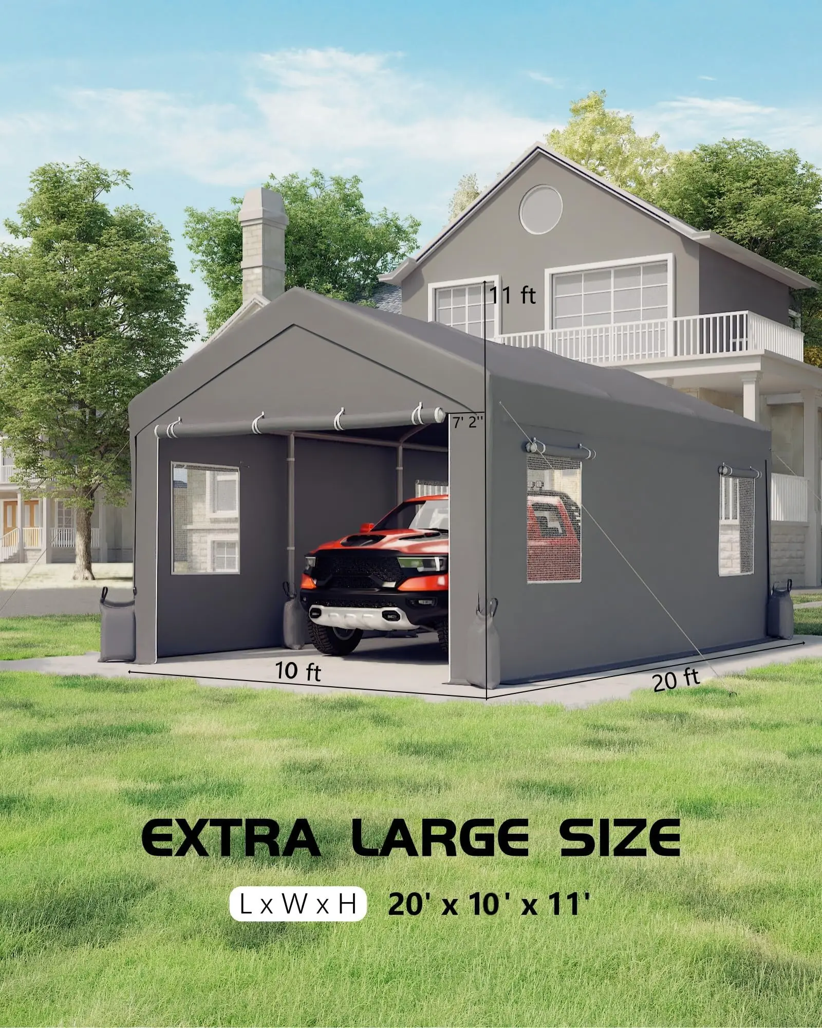 Heavy Duty Portable Carport Garage, Reinforced Structure with Canopy Top, Roll-Up Windows and Front Back Doors, Grey Multi-Vehicle Outdoor Shelter