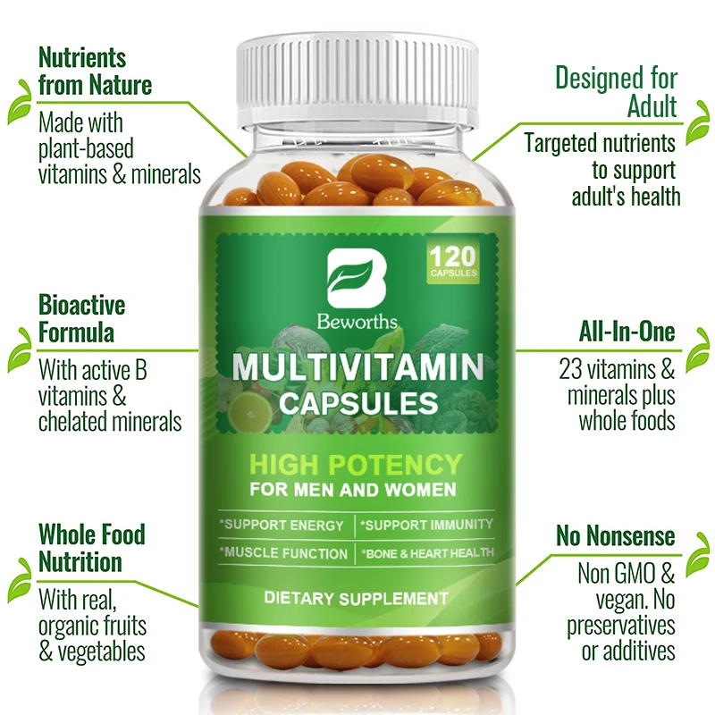 

BEWORTHS Multivitamin Capsules with Vitamins & Minerals for Energy Brain Heart Skin Eye Health Immune Support for Women and Men