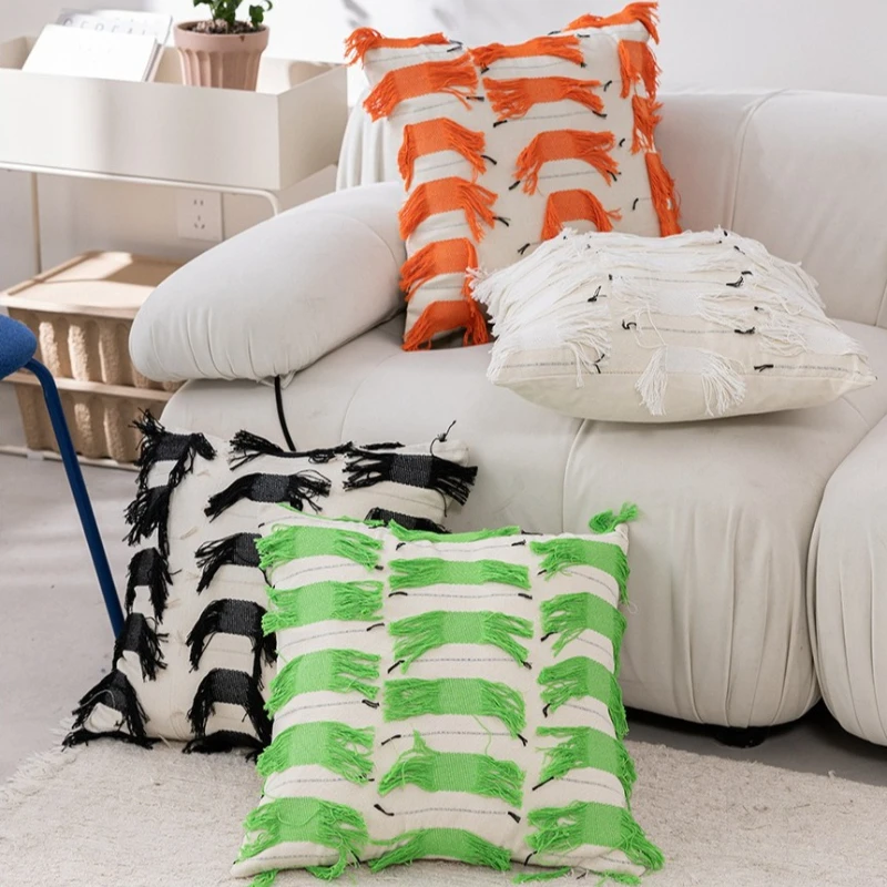 Bohemian Fringe Throw Pillow Covers Handmade Colorful Fringed Pillowcases for Sofa Bed 45x45cm Cotton Canvas Cushion Covers