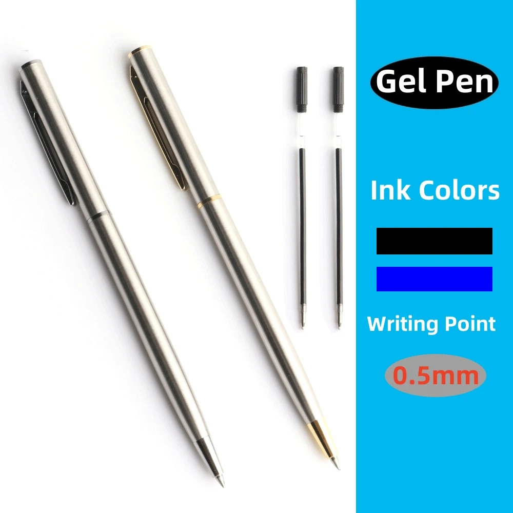 Bolígrafo de Gel de Metal, Material de acero inoxidable, bolígrafos de Gel giratorios, colores de tinta, punto de escritura negro y azul de 0,5mm para la escuela, papelería de oficina