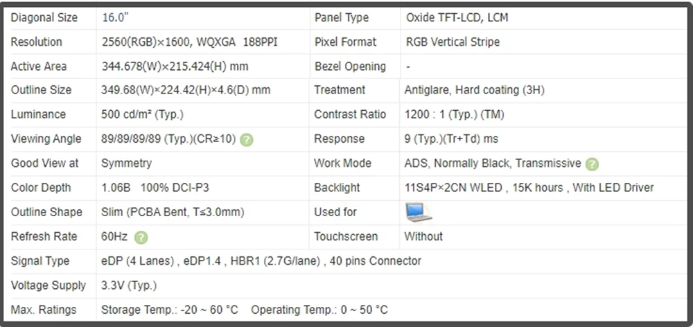 NE160QDM-N61 16 inch LCD Screen IPS Panel HD 2560x1600 60Hz Non-touch Display 40pins