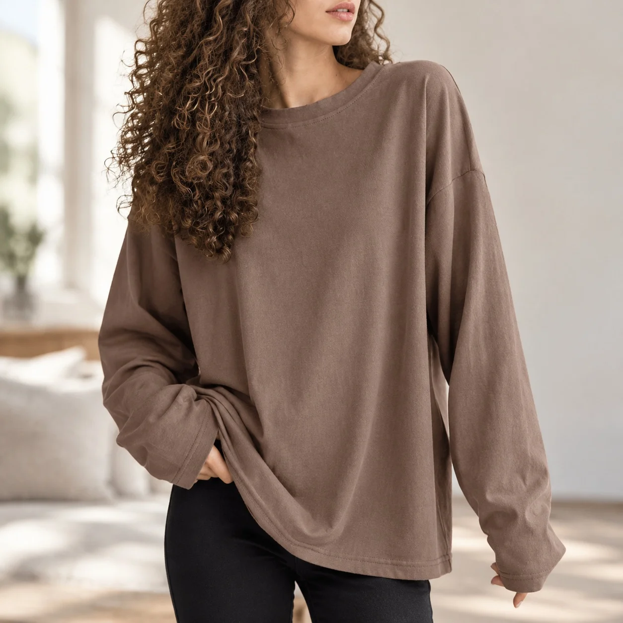 Loose Fit Long Sleeve Top Casual with Pullover Loose Fit Ripped T Shirt Hand Finished Round Neck Regular Sleeve Women T Shirts