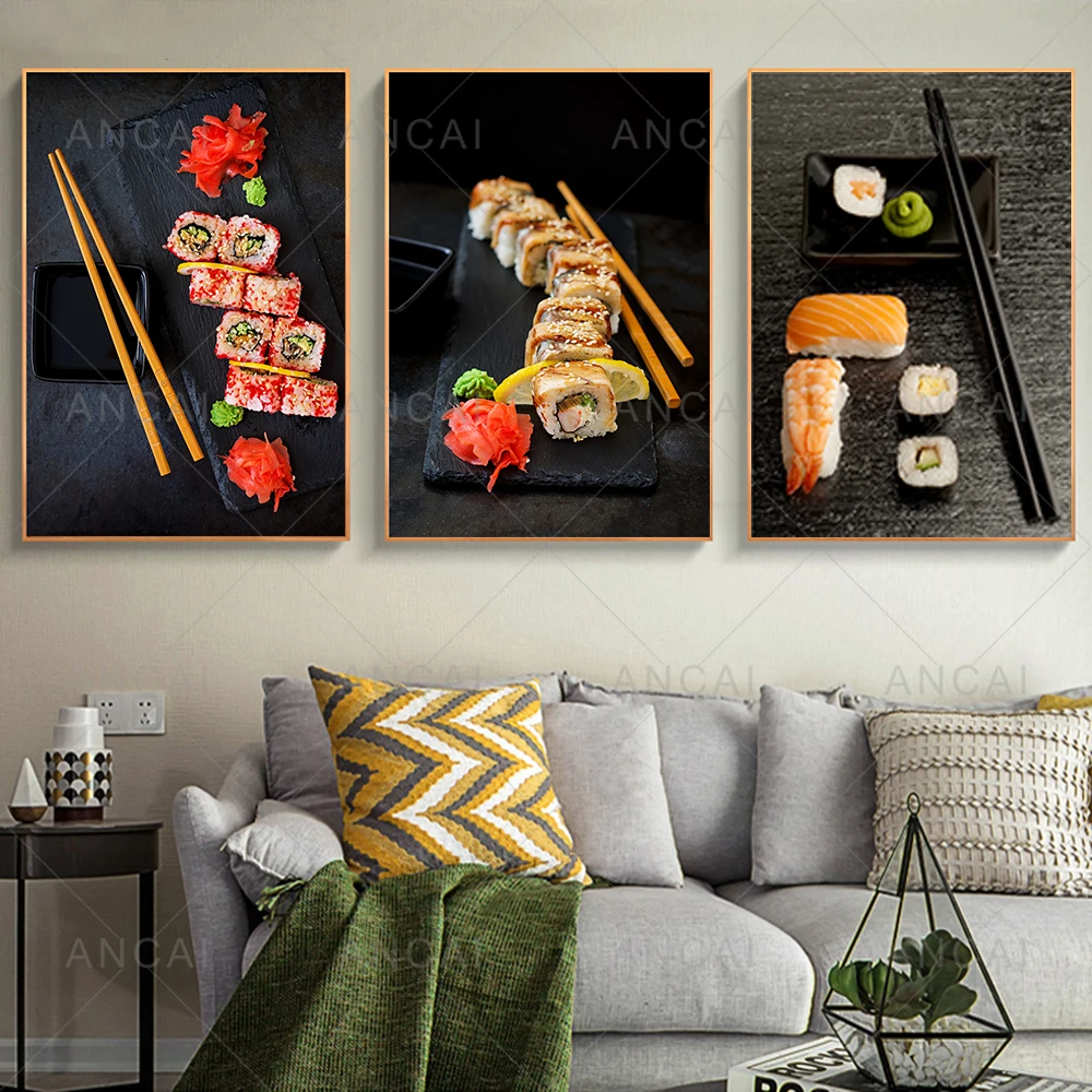 Japanese Food Sushi Poster Restaurant Dining Hall Room Decoration Salmon Shrimp Canvas Painting Print Wall Pictures Home Decor