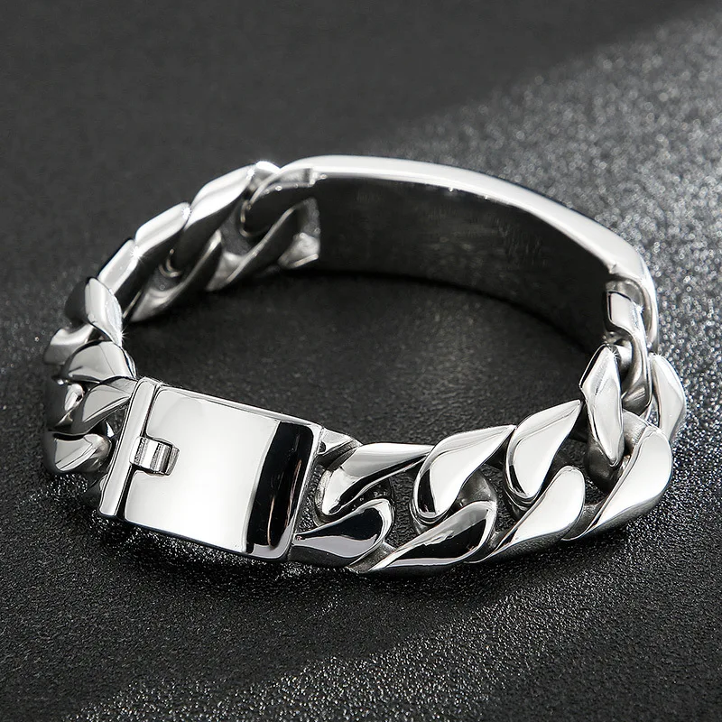 HIgh Polished 17mm Cuban Chain Bracelet Engravable Curved Plate Stainless Steel Men's Bangles Personalized Rap Gift