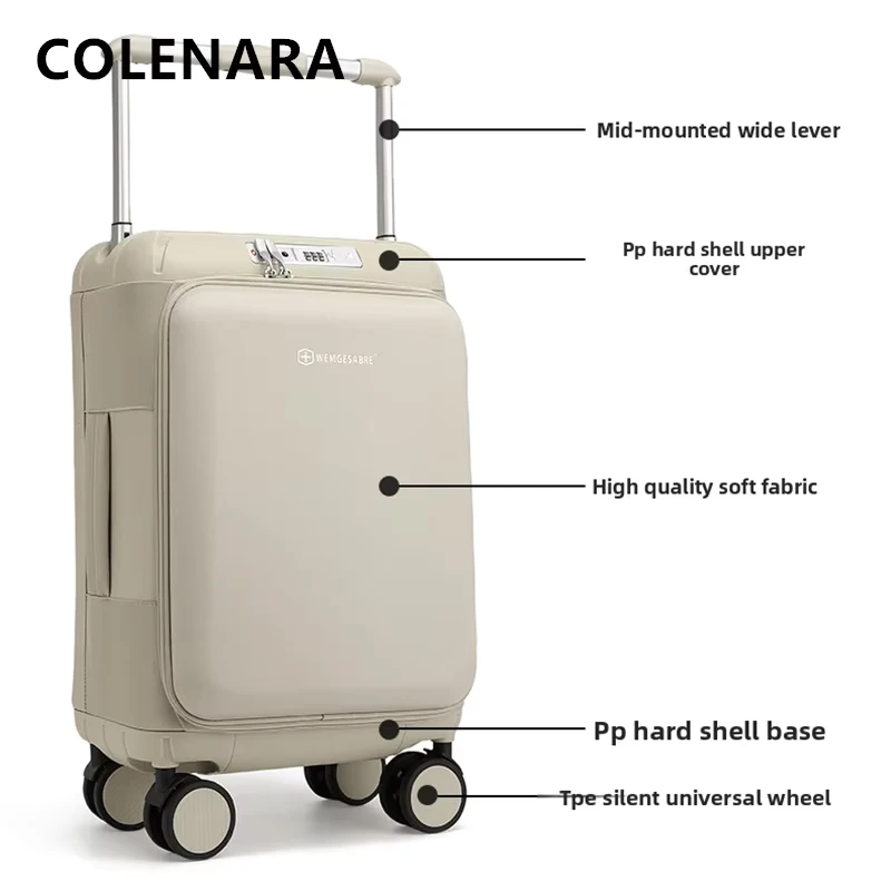 COLENARA 20Inch Laptop Suitcase Front Opening Boarding Case Women's Trolley Case Wheeled Travel Bag Men's Rolling Luggage