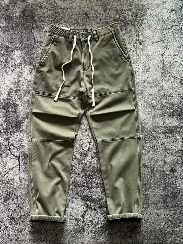 2024 Winter New American Retro Thickened Velvet Cargo Pants Men's Simple 100% Cotton Washed Drawstring Straight Casual Trousers